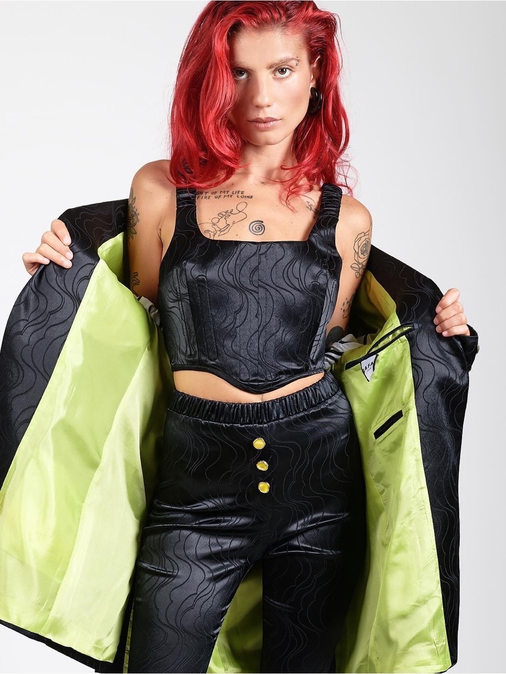 RAFA Homme • black satin bustier crop top corset glam jacquard sexy